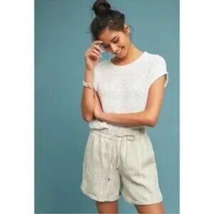 Anthropologie‎ Cream Grey Striped Linen Pull On High Rise Shorts